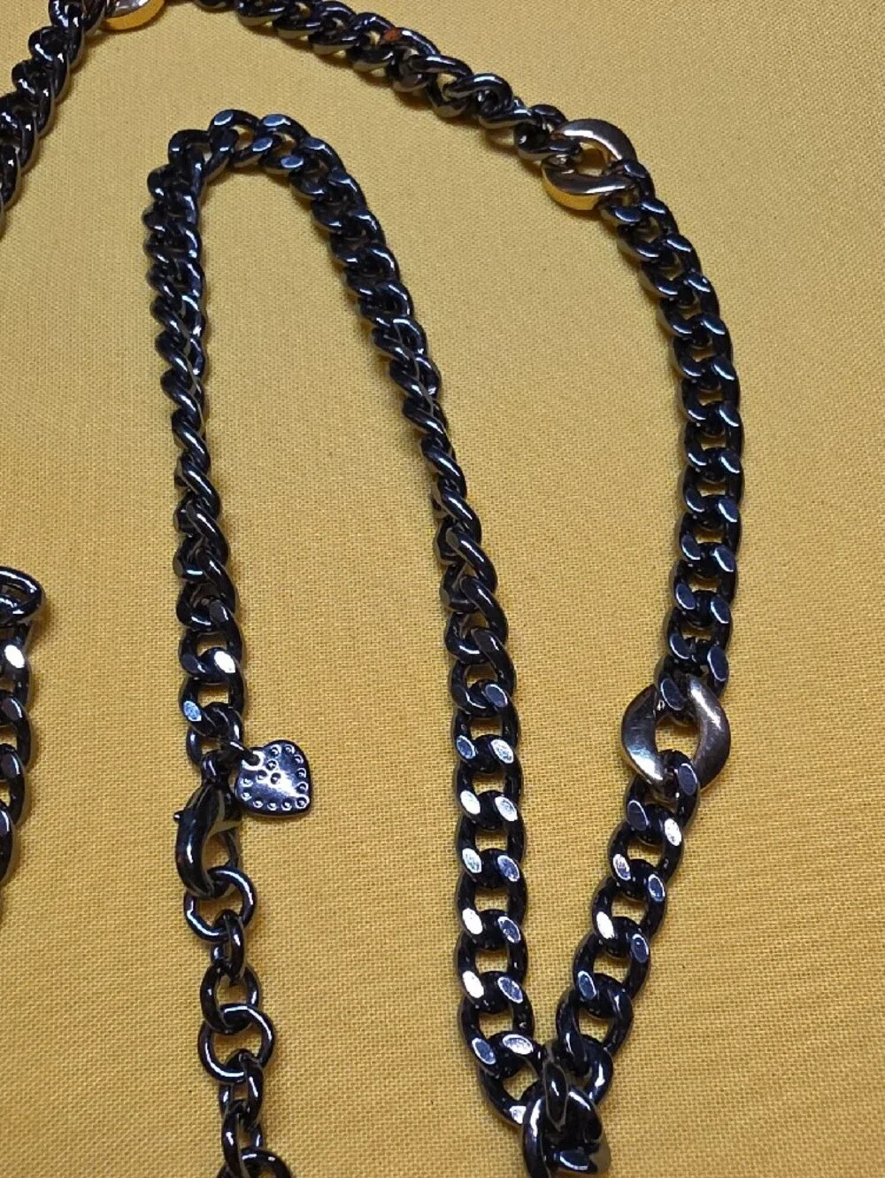 Chunky Black Curb Chain Necklace Gold Crystal Accents 33” Vintage Boutique Heavy